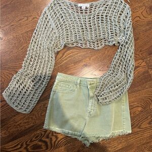 Crochet Knit Top and Denim Shorts Set